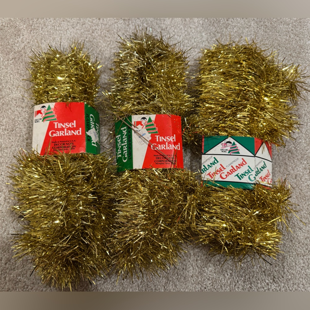 Vintage NIP mid century gold tinsel garland set of 3